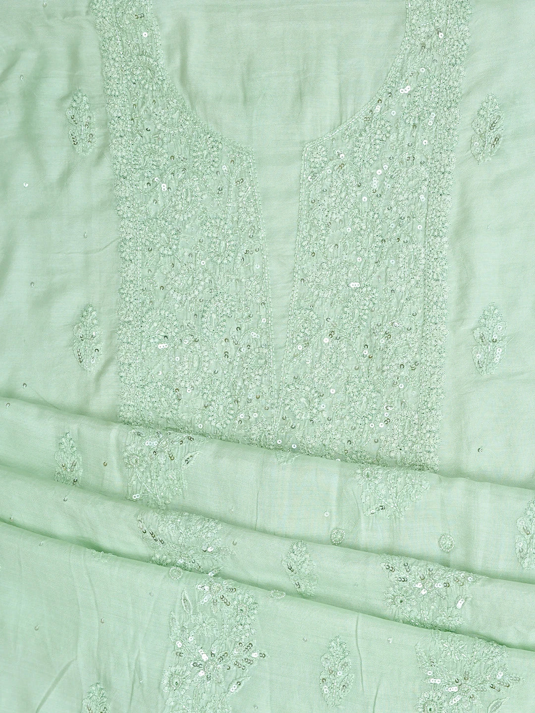 Ada Hand Embroidered Celedon Green Muslin Lucknowi Chikankari Unstitched Kurta Dupatta Set With Cutdana Work 01A643340