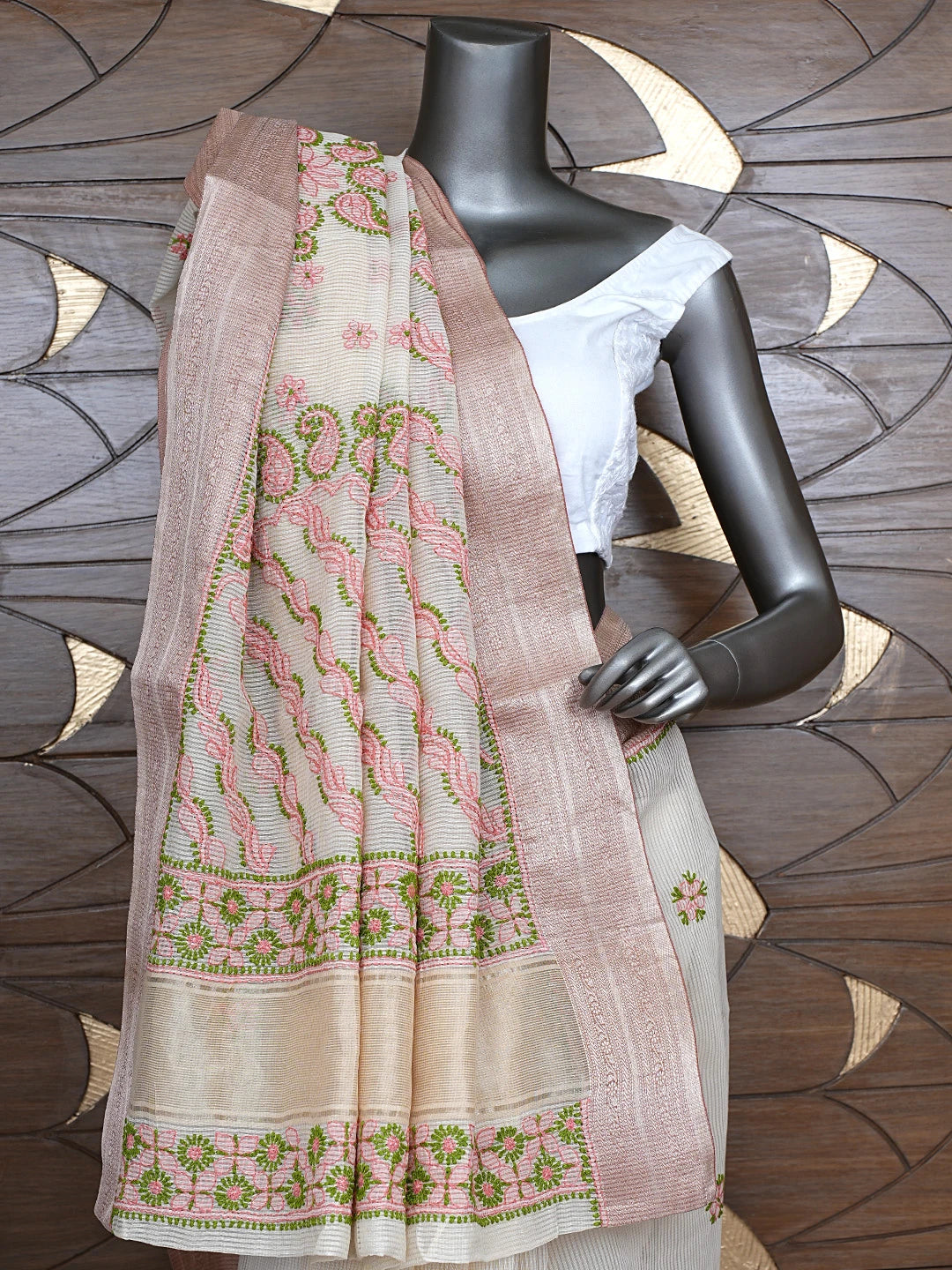 Ada Hand Embroidered Fawn Chanderi Lucknowi Chikankari Saree With Blouse 01A867935