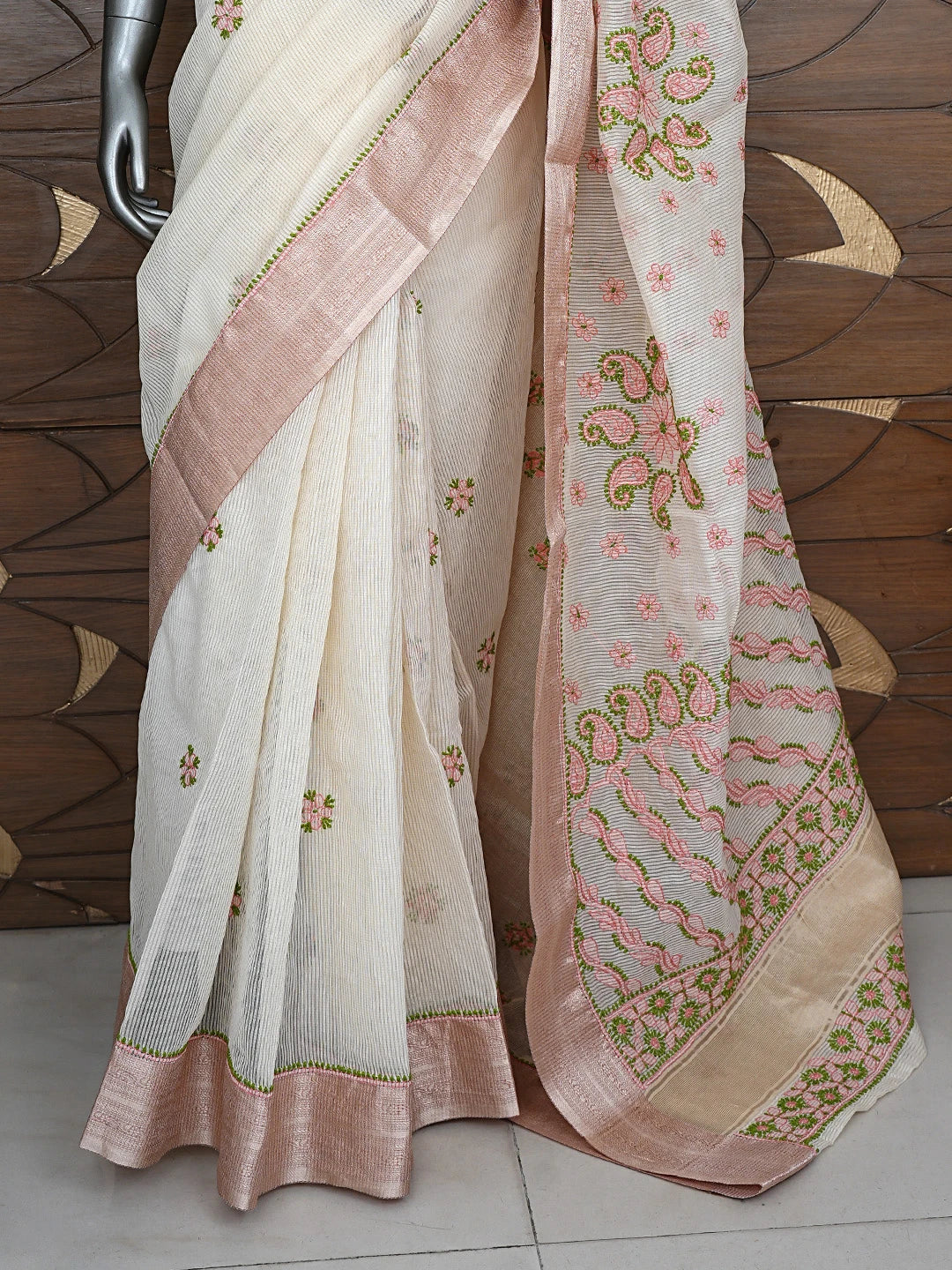 Ada Hand Embroidered Fawn Chanderi Lucknowi Chikankari Saree With Blouse 01A867935