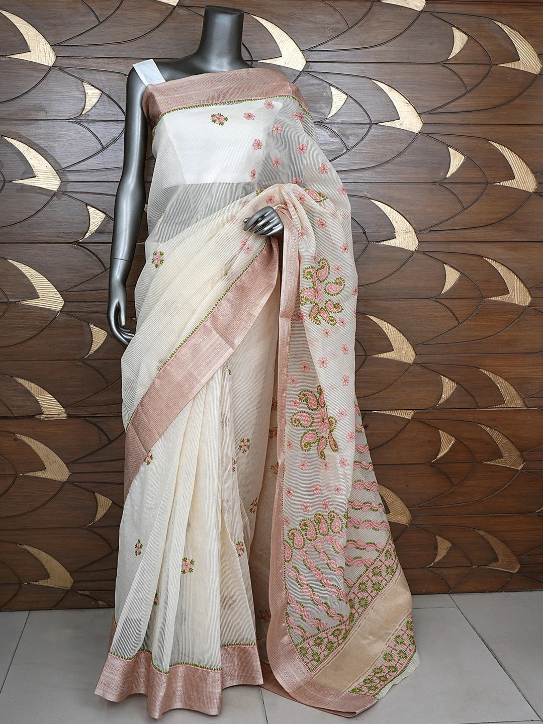 Ada Hand Embroidered Fawn Chanderi Lucknowi Chikankari Saree With Blouse 01A867935