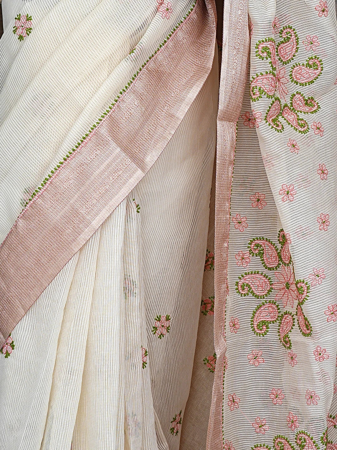 Ada Hand Embroidered Fawn Chanderi Lucknowi Chikankari Saree With Blouse 01A867935