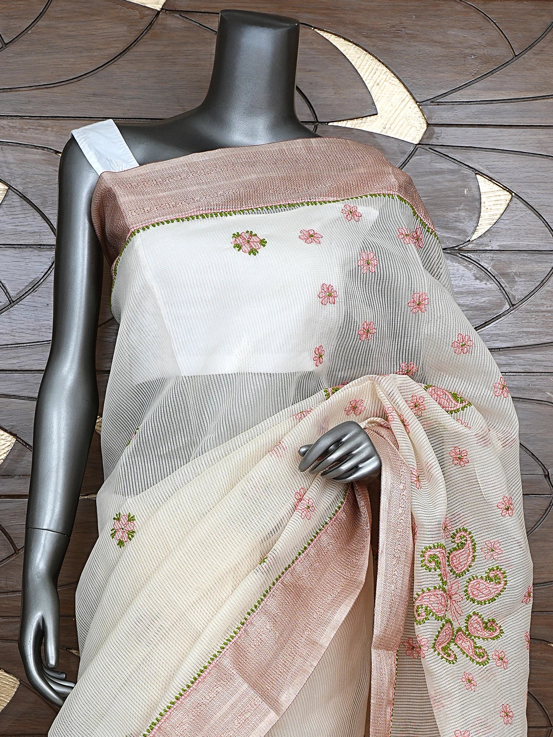 Ada Hand Embroidered Fawn Chanderi Lucknowi Chikankari Saree With Blouse 01A867935