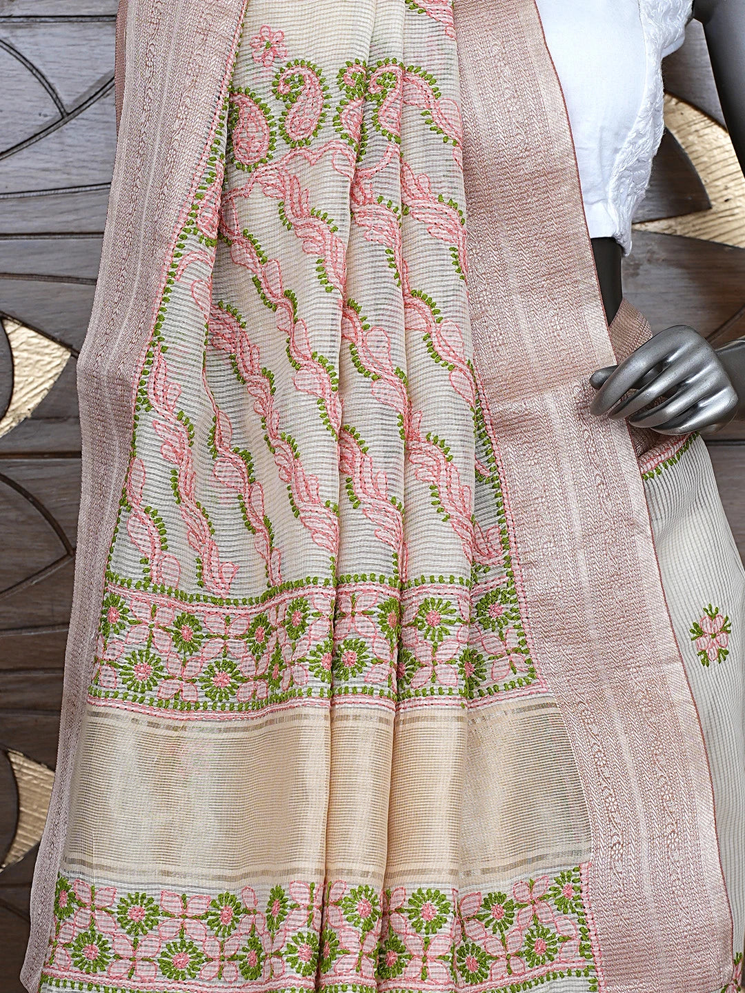 Ada Hand Embroidered Fawn Chanderi Lucknowi Chikankari Saree With Blouse 01A867935
