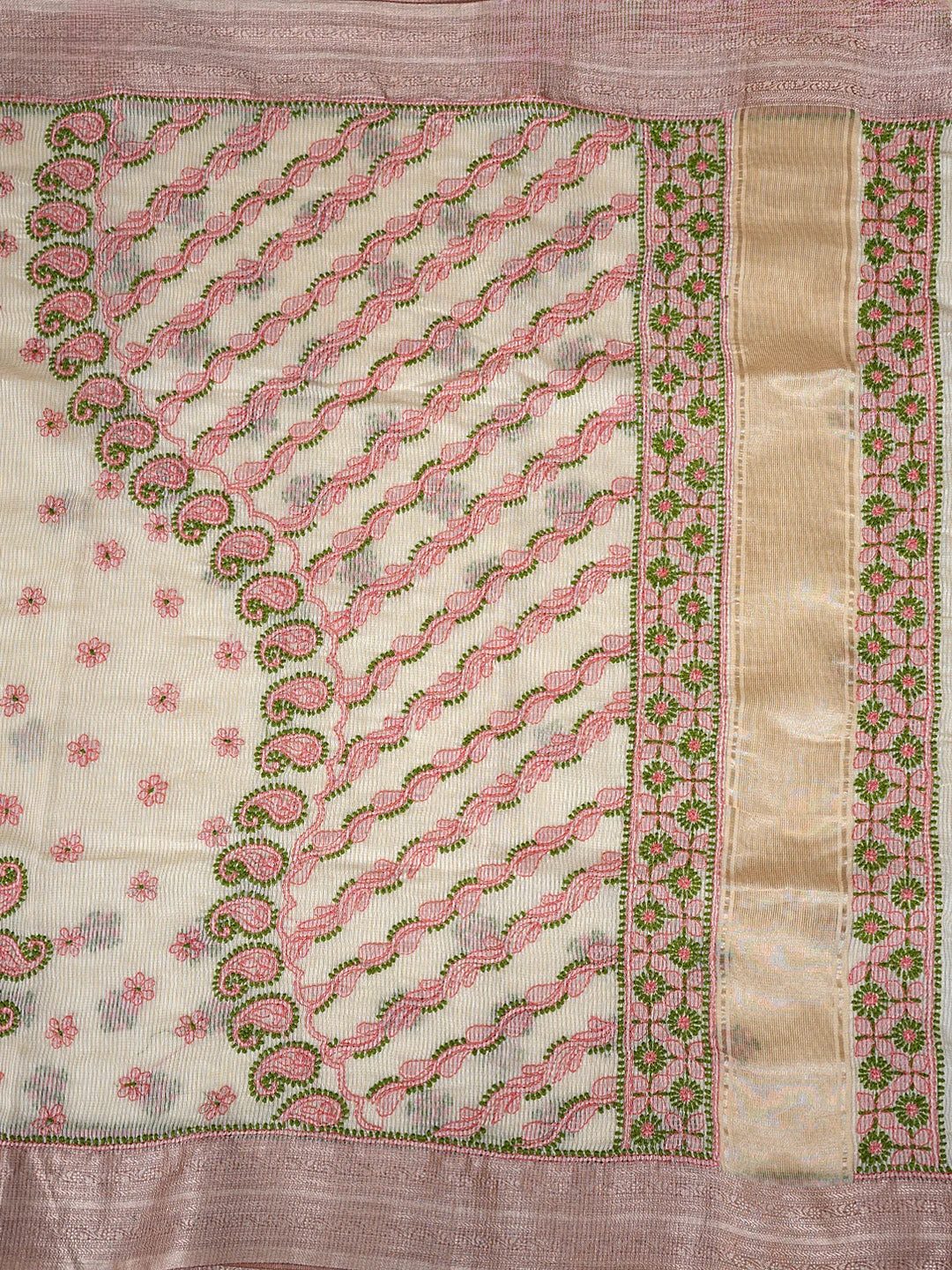 Ada Hand Embroidered Fawn Chanderi Lucknowi Chikankari Saree With Blouse 01A867935