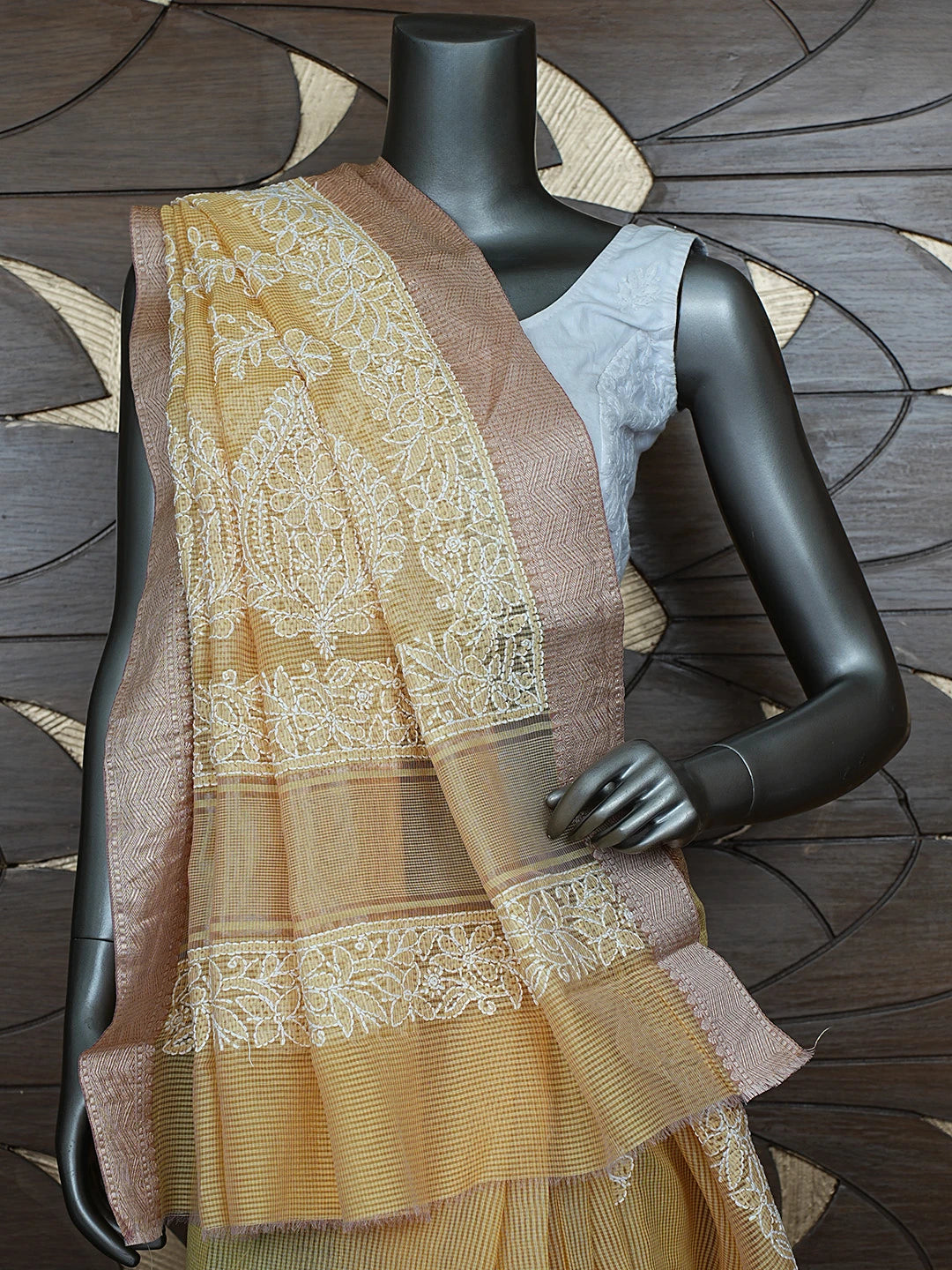 Ada Hand Embroidered Arylide Yellow Chanderi Lucknowi Chikankari Saree With Blouse 01A869707