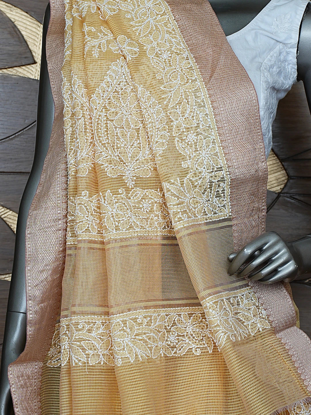 Ada Hand Embroidered Arylide Yellow Chanderi Lucknowi Chikankari Saree With Blouse 01A869707