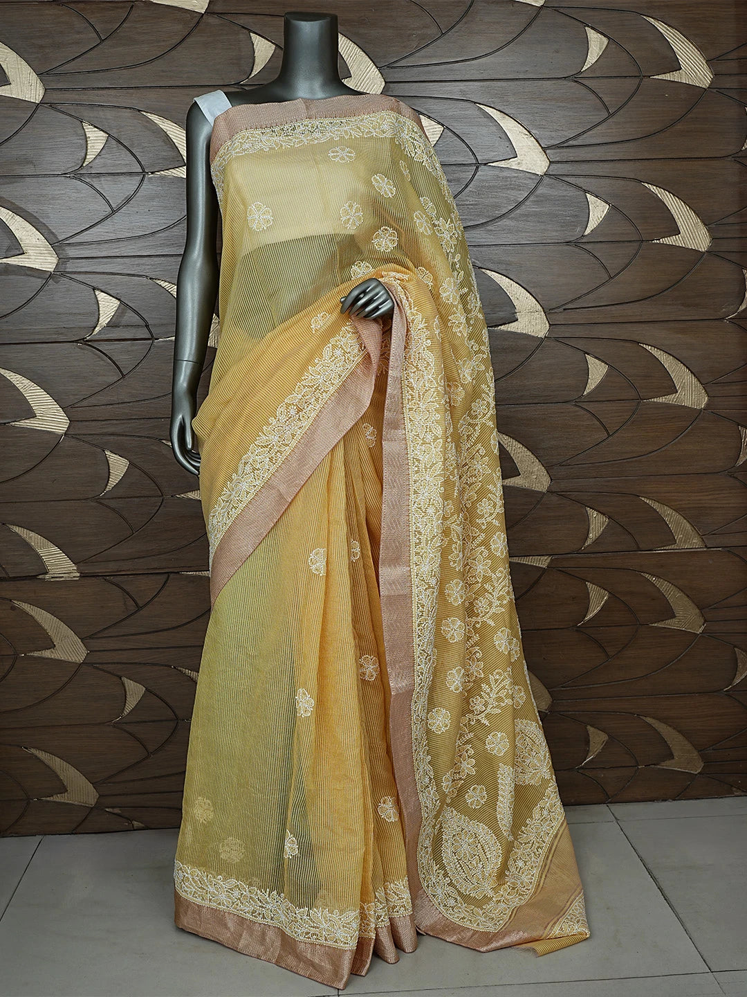 Ada Hand Embroidered Arylide Yellow Chanderi Lucknowi Chikankari Saree With Blouse 01A869707