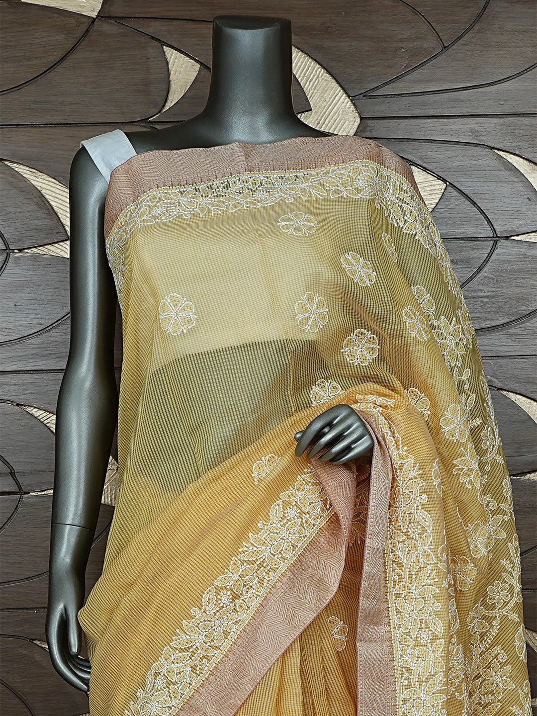 Ada Hand Embroidered Arylide Yellow Chanderi Lucknowi Chikankari Saree With Blouse 01A869707