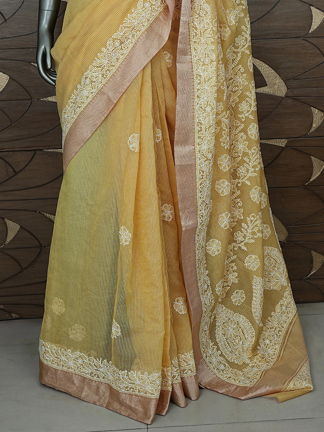 Ada Hand Embroidered Arylide Yellow Chanderi Lucknowi Chikankari Saree With Blouse 01A869707