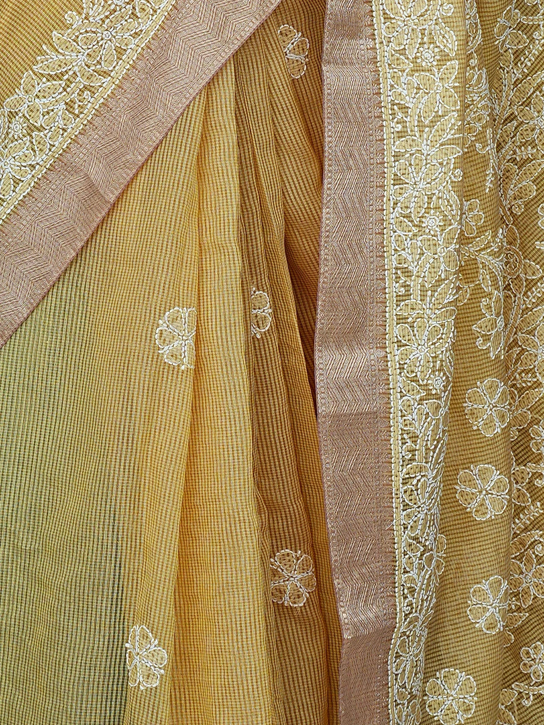Ada Hand Embroidered Arylide Yellow Chanderi Lucknowi Chikankari Saree With Blouse 01A869707