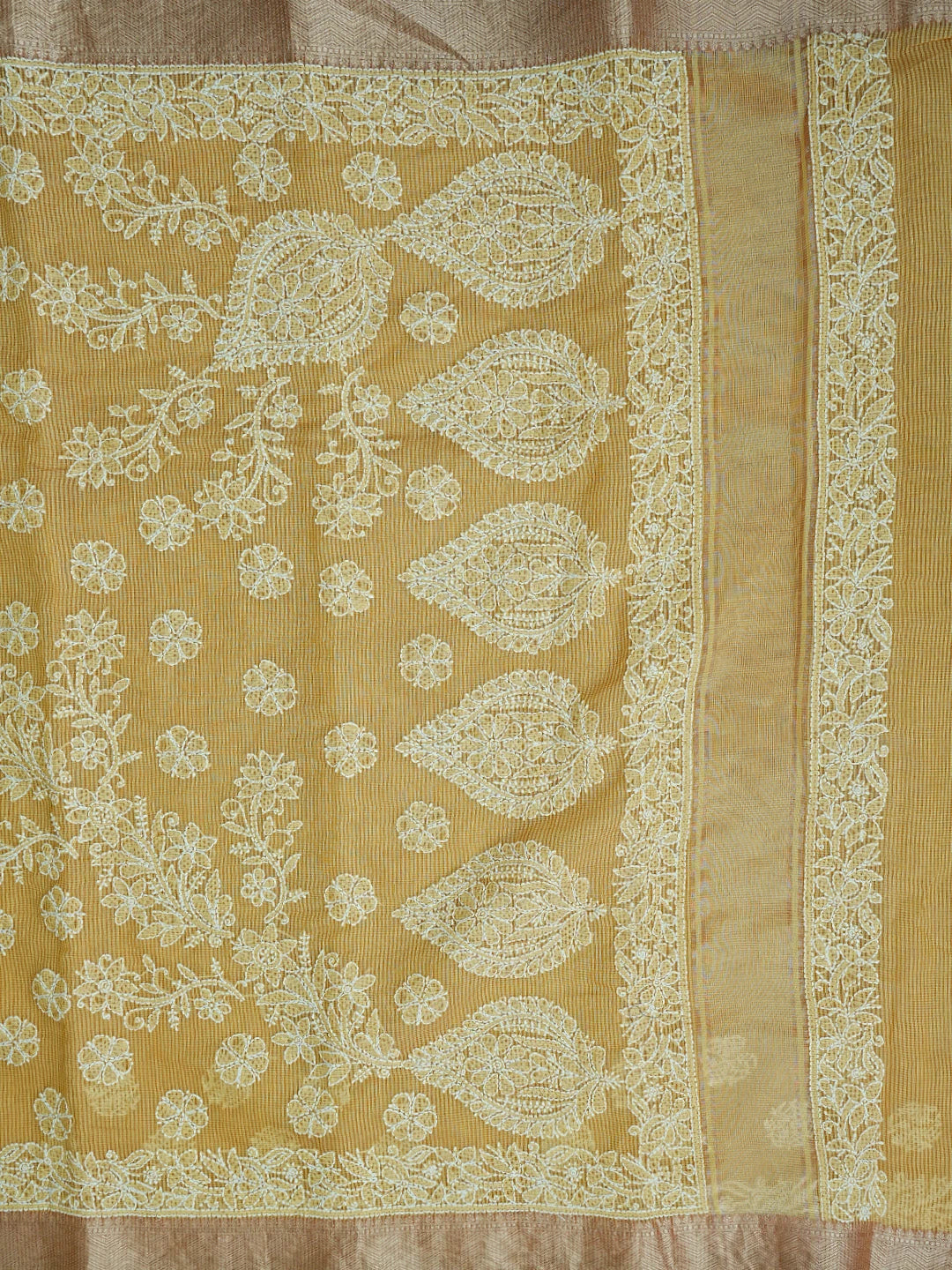 Ada Hand Embroidered Arylide Yellow Chanderi Lucknowi Chikankari Saree With Blouse 01A869707