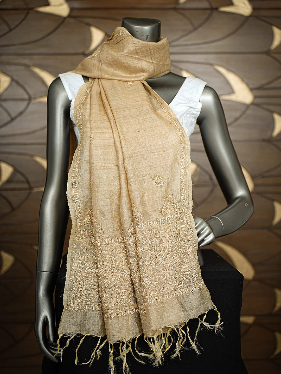 Ada Hand Embroidered Fawn Khadi Silk Lucknowi Chikankari Dupatta 01A722779