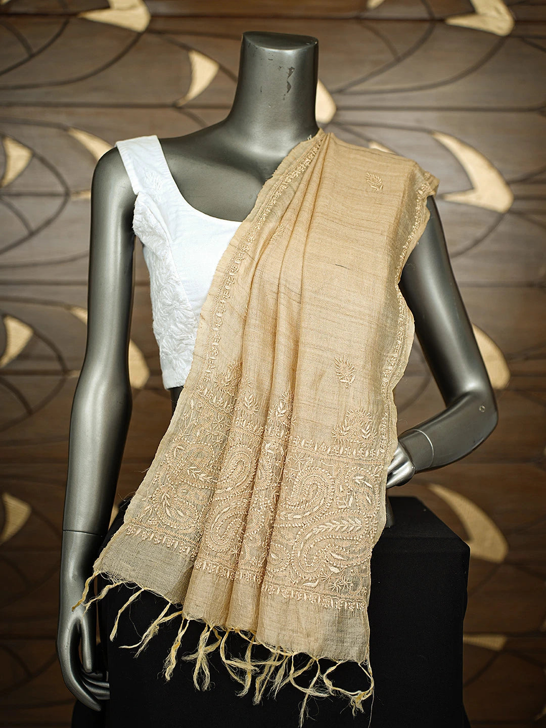 Ada Hand Embroidered Fawn Khadi Silk Lucknowi Chikankari Dupatta 01A722779