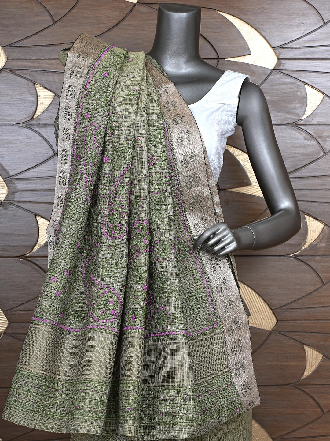 Ada Hand Embroidered Army Green Chanderi Lucknowi Chikankari Saree With Blouse 01A884515