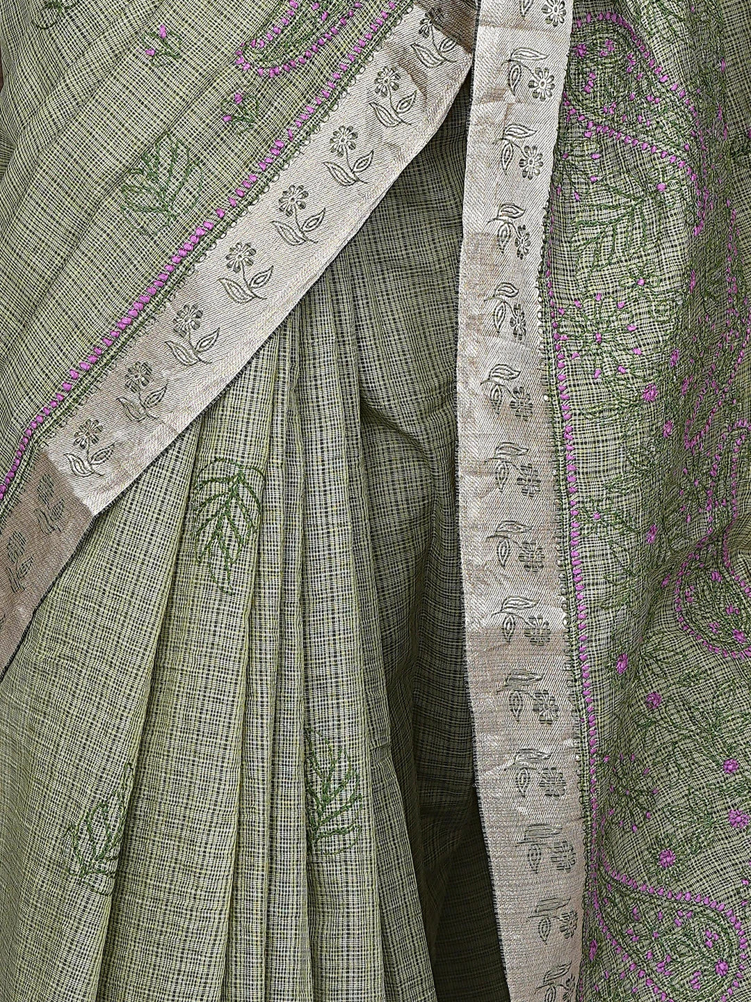 Ada Hand Embroidered Army Green Chanderi Lucknowi Chikankari Saree With Blouse 01A884515