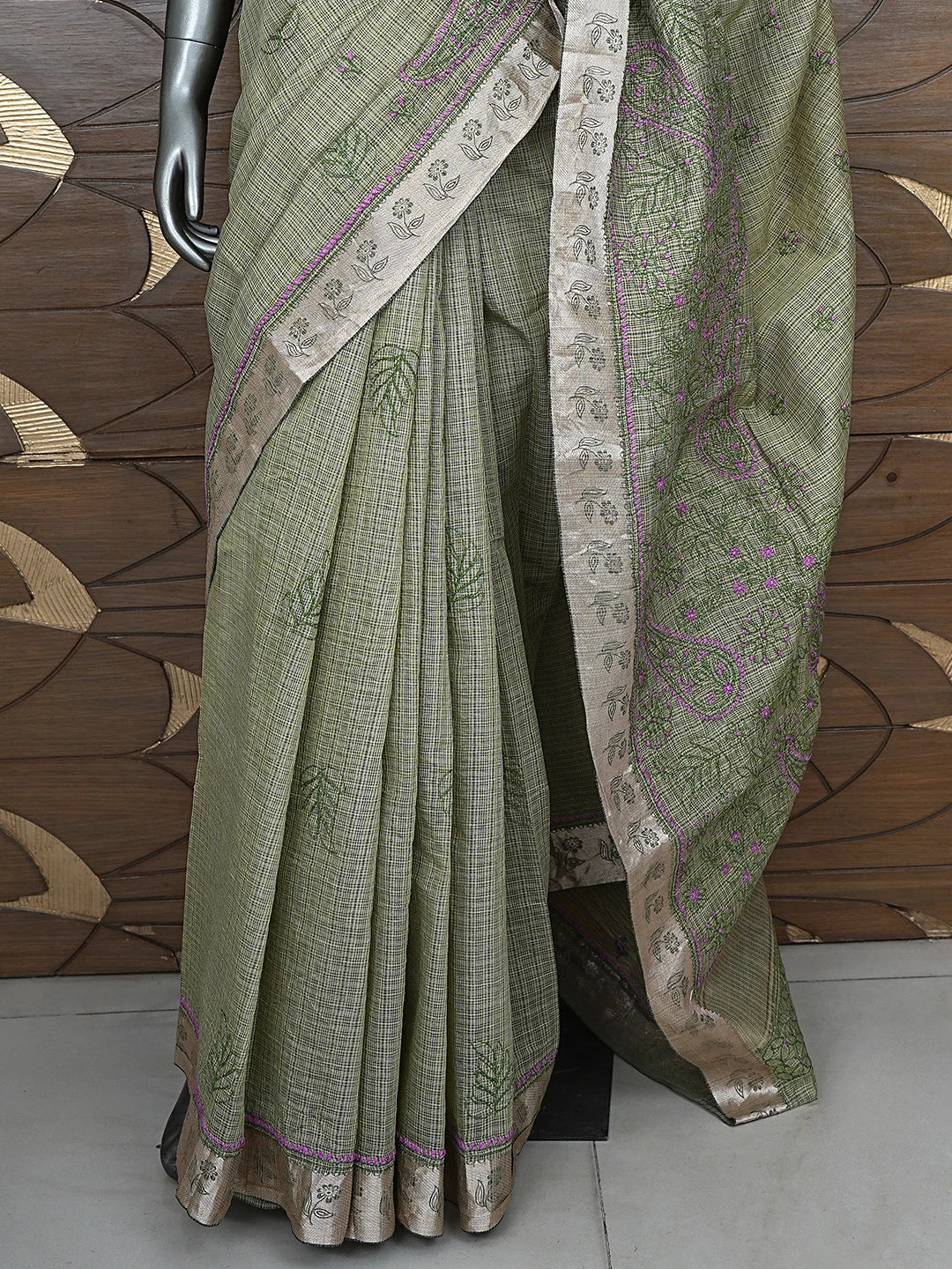 Ada Hand Embroidered Army Green Chanderi Lucknowi Chikankari Saree With Blouse 01A884515