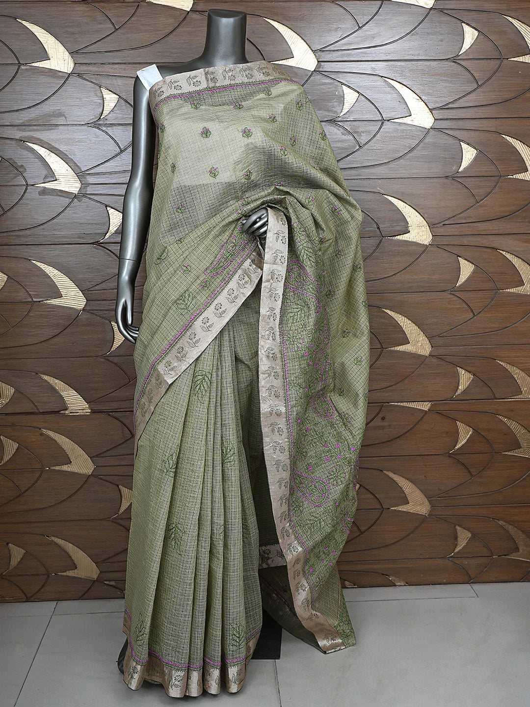 Ada Hand Embroidered Army Green Chanderi Lucknowi Chikankari Saree With Blouse 01A884515
