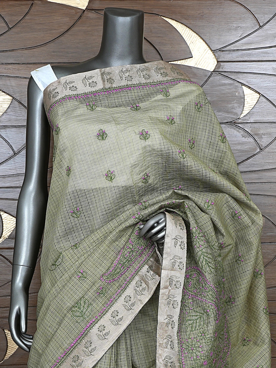Ada Hand Embroidered Army Green Chanderi Lucknowi Chikankari Saree With Blouse 01A884515