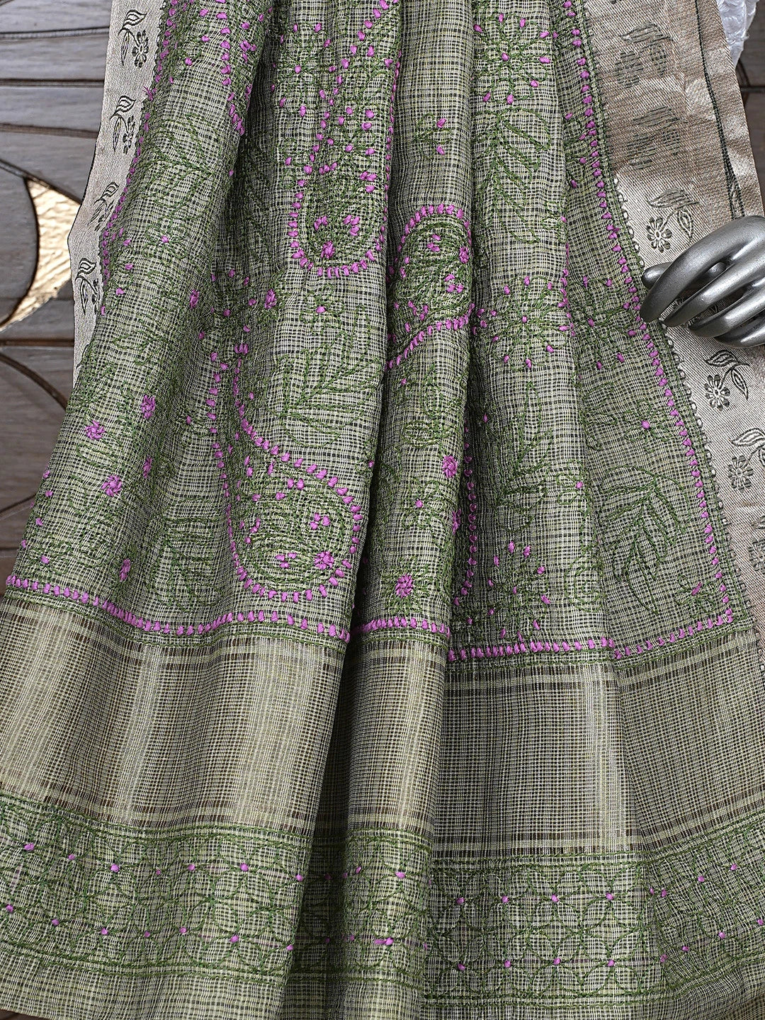 Ada Hand Embroidered Army Green Chanderi Lucknowi Chikankari Saree With Blouse 01A884515