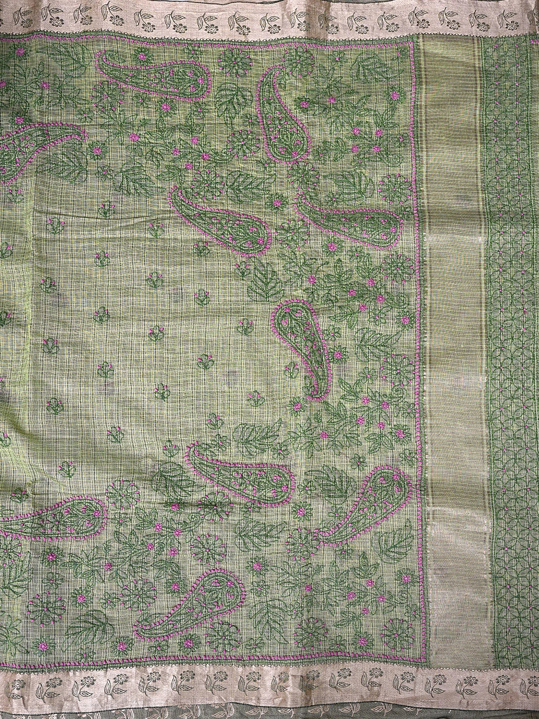Ada Hand Embroidered Army Green Chanderi Lucknowi Chikankari Saree With Blouse 01A884515