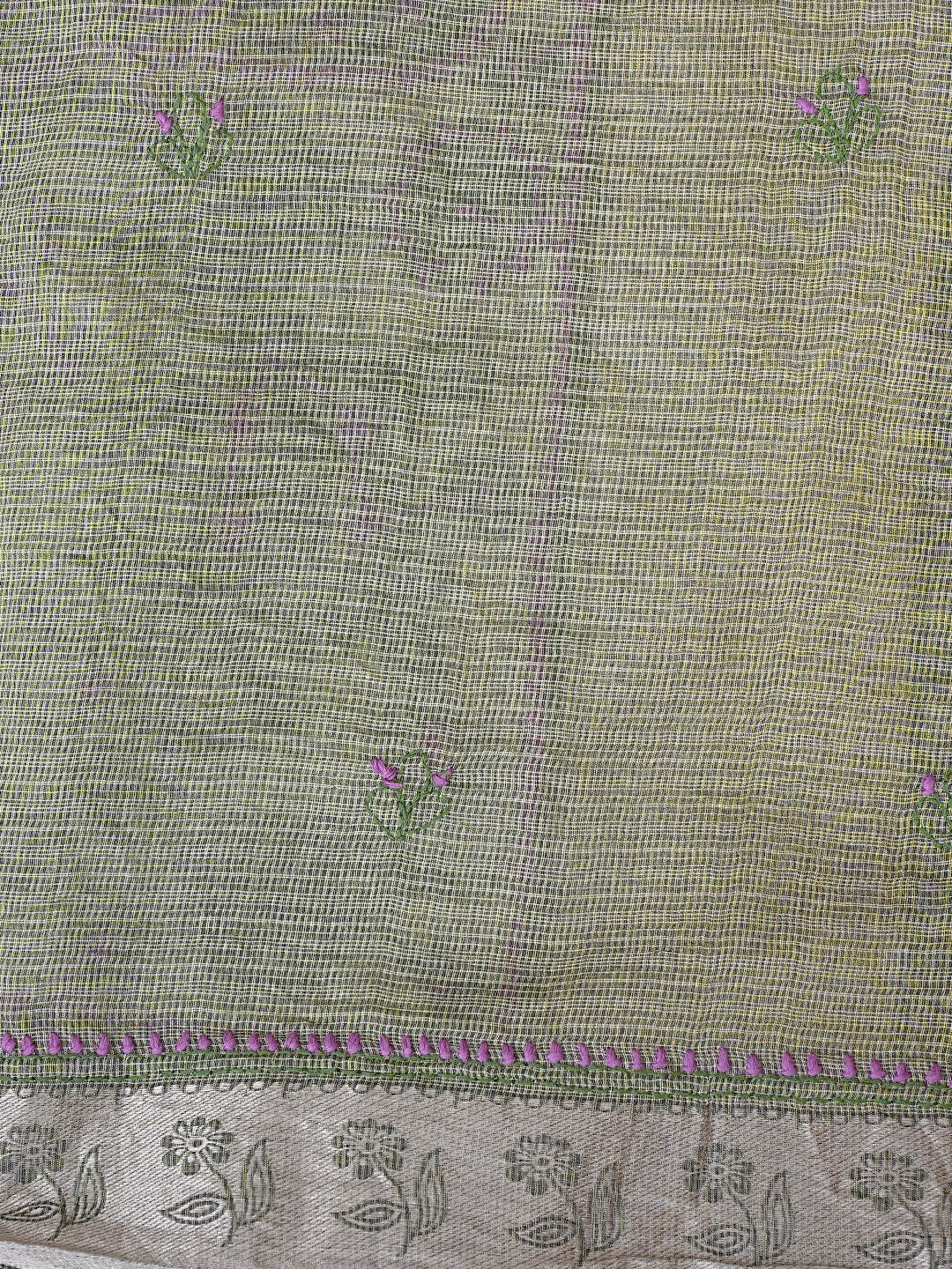 Ada Hand Embroidered Army Green Chanderi Lucknowi Chikankari Saree With Blouse 01A884515
