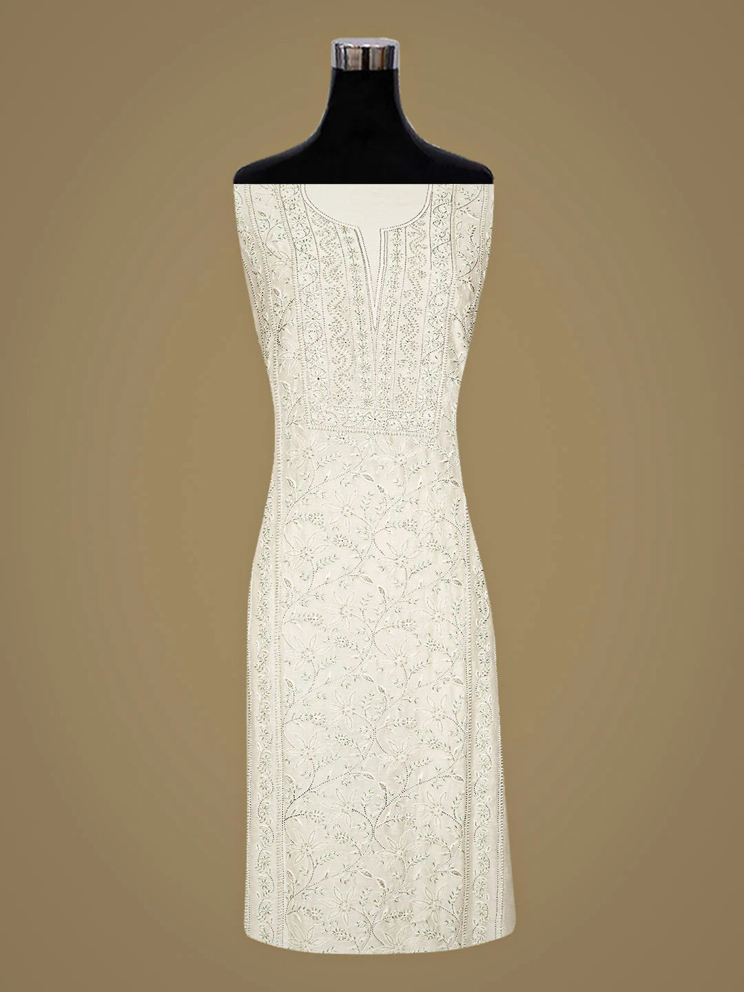 Ada Hand Embroidered White Old Lace Chanderi Lucknowi Chikankari Unstitched Kurta Dupatta Set With Cutdana Work 01A537601