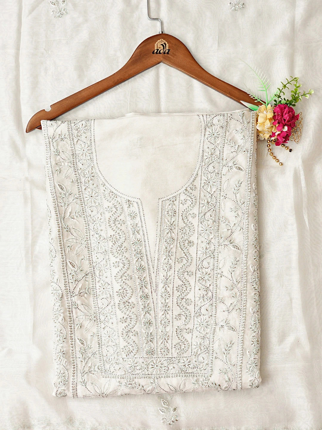 Ada Hand Embroidered White Old Lace Chanderi Lucknowi Chikankari Unstitched Kurta Dupatta Set With Cutdana Work 01A537601