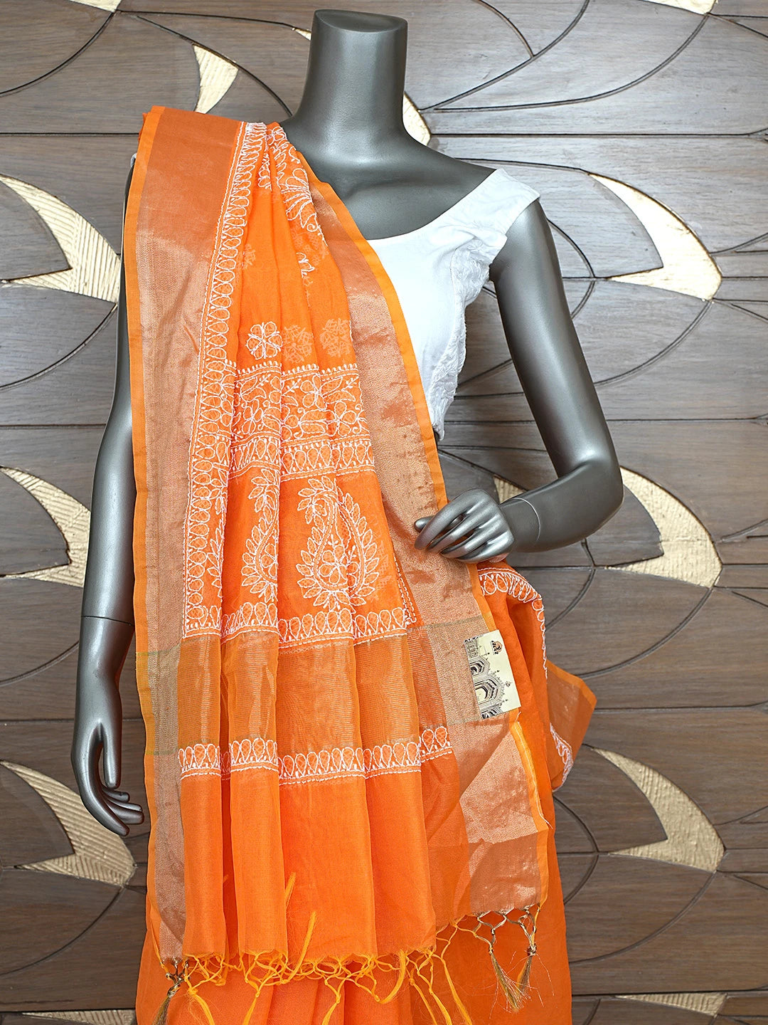 Ada Hand Embroidered Orange Chanderi Lucknowi Chikankari Saree With Blouse 01A878649