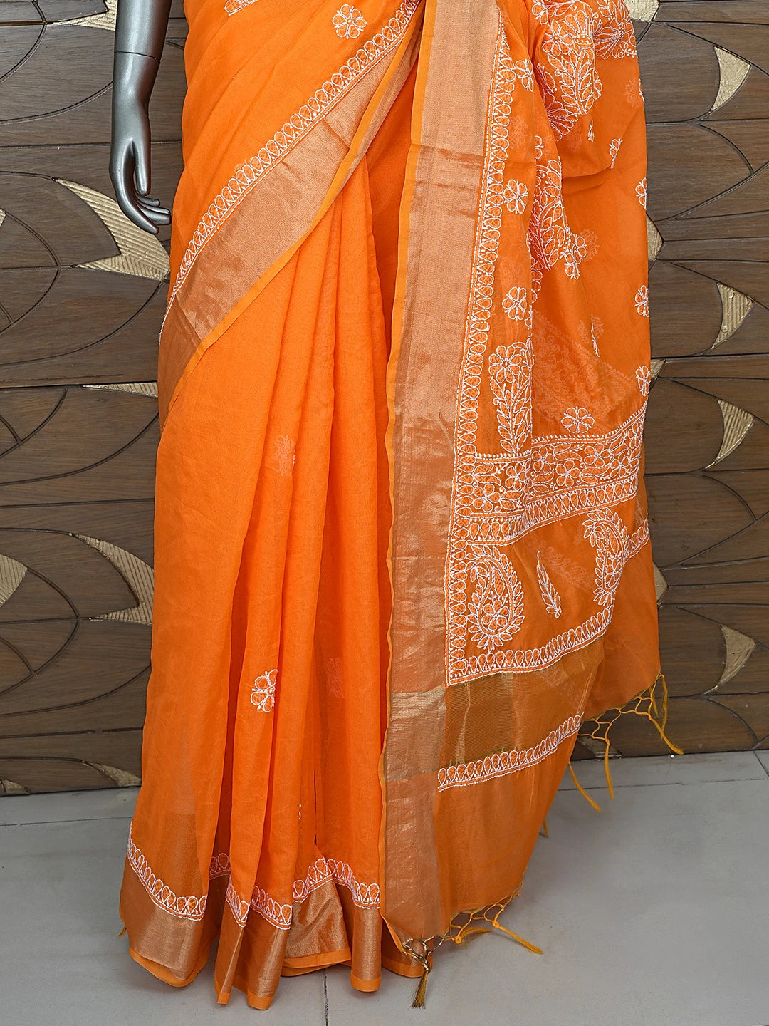 Ada Hand Embroidered Orange Chanderi Lucknowi Chikankari Saree With Blouse 01A878649