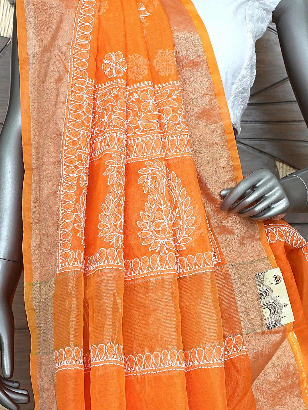 Ada Hand Embroidered Orange Chanderi Lucknowi Chikankari Saree With Blouse 01A878649