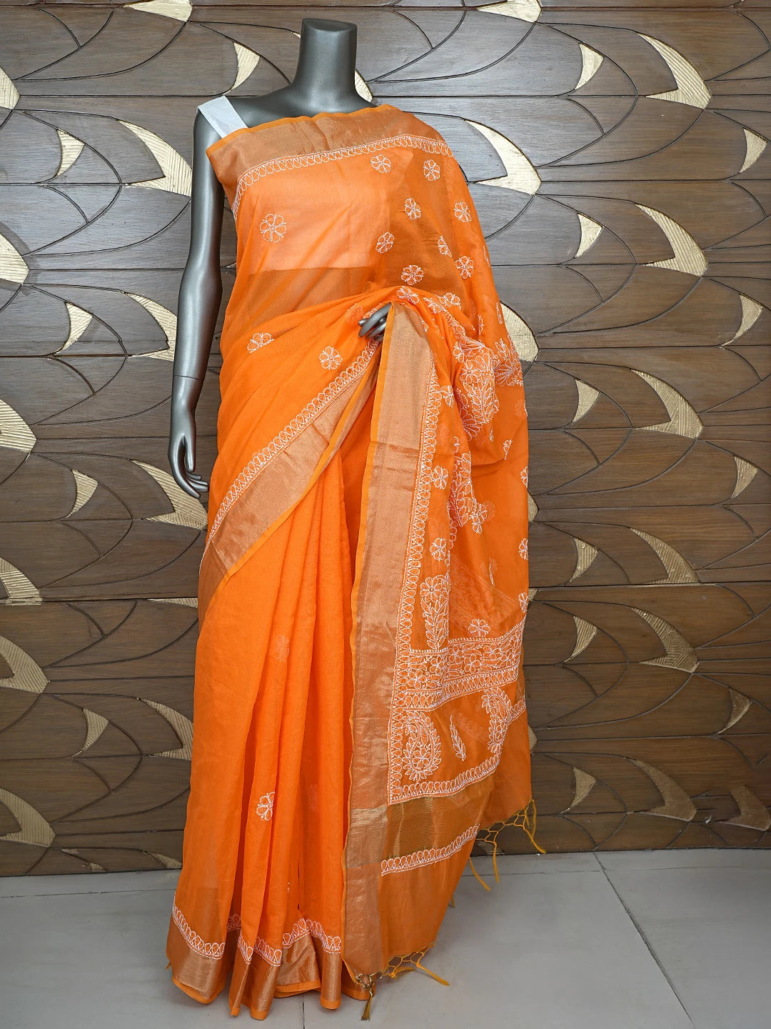 Ada Hand Embroidered Orange Chanderi Lucknowi Chikankari Saree With Blouse 01A878649