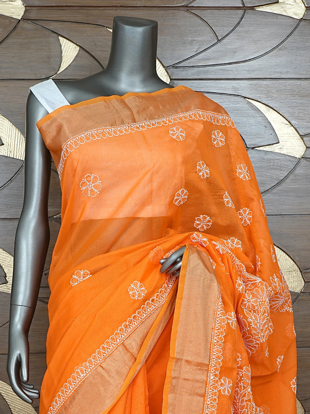 Ada Hand Embroidered Orange Chanderi Lucknowi Chikankari Saree With Blouse 01A878649