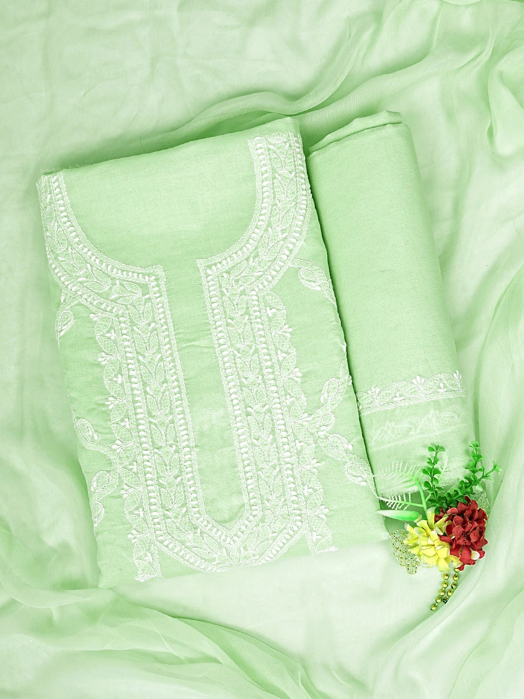 Ada Hand Embroidered Light Green Cotton Lucknowi Chikankari Unstitched Suit Piece 01A869347