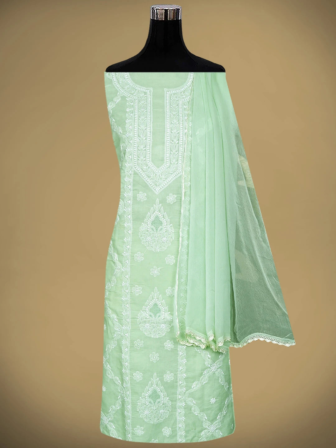 Ada Hand Embroidered Light Green Cotton Lucknowi Chikankari Unstitched Suit Piece 01A869347