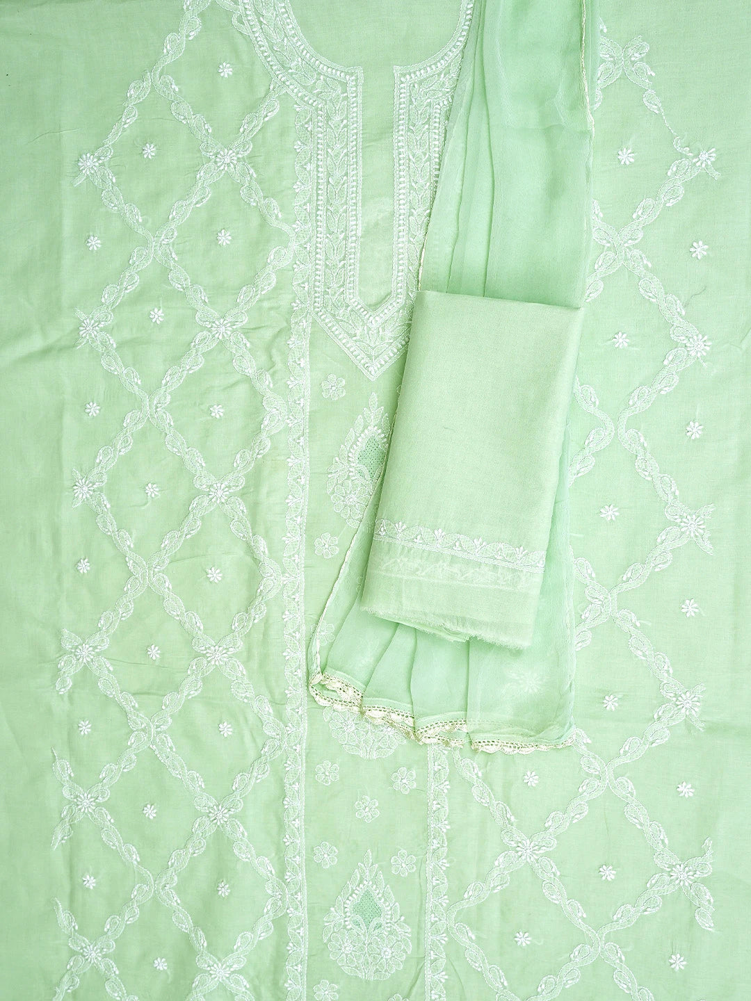 Ada Hand Embroidered Light Green Cotton Lucknowi Chikankari Unstitched Suit Piece 01A869347
