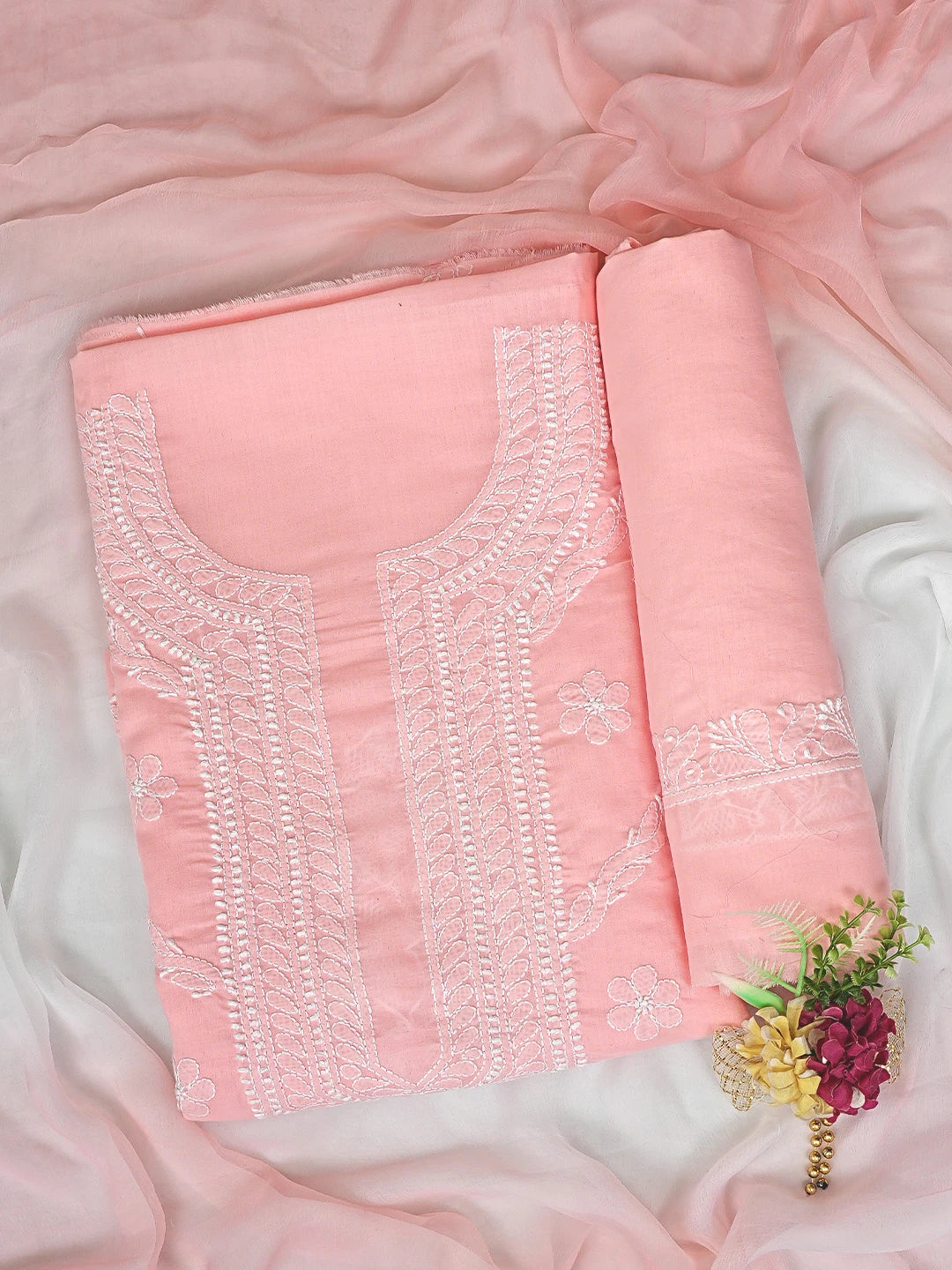Ada Hand Embroidered Peach Pink Cotton Lucknowi Chikankari Unstitched Suit Piece 01A869352