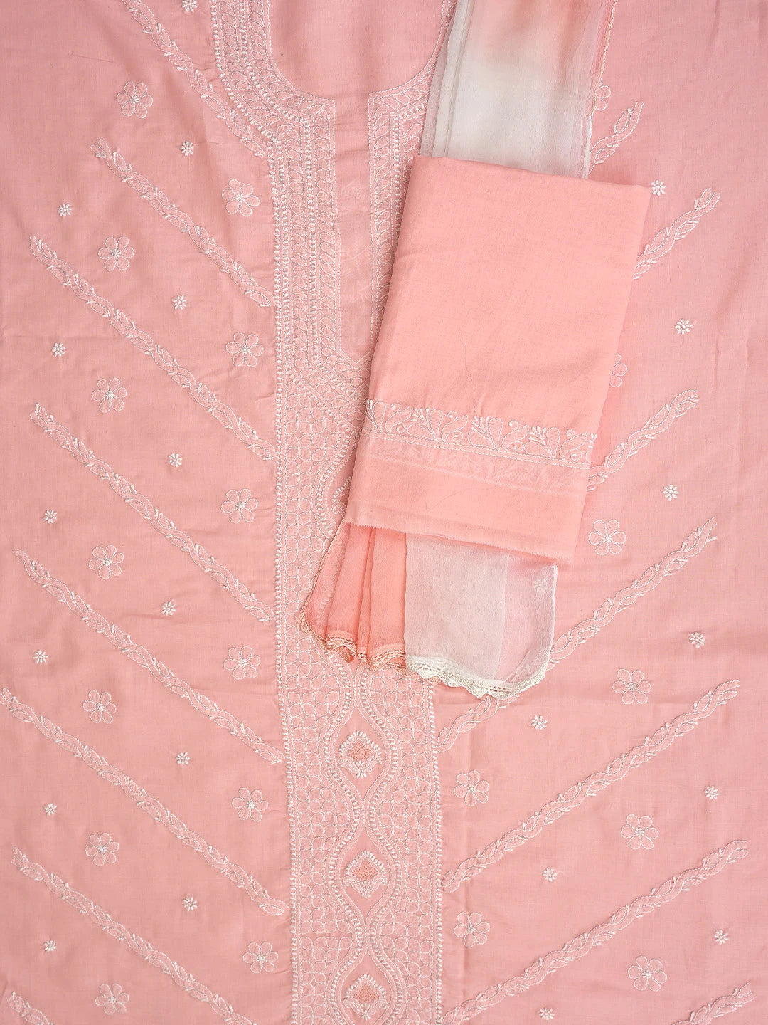 Ada Hand Embroidered Peach Pink Cotton Lucknowi Chikankari Unstitched Suit Piece 01A869352