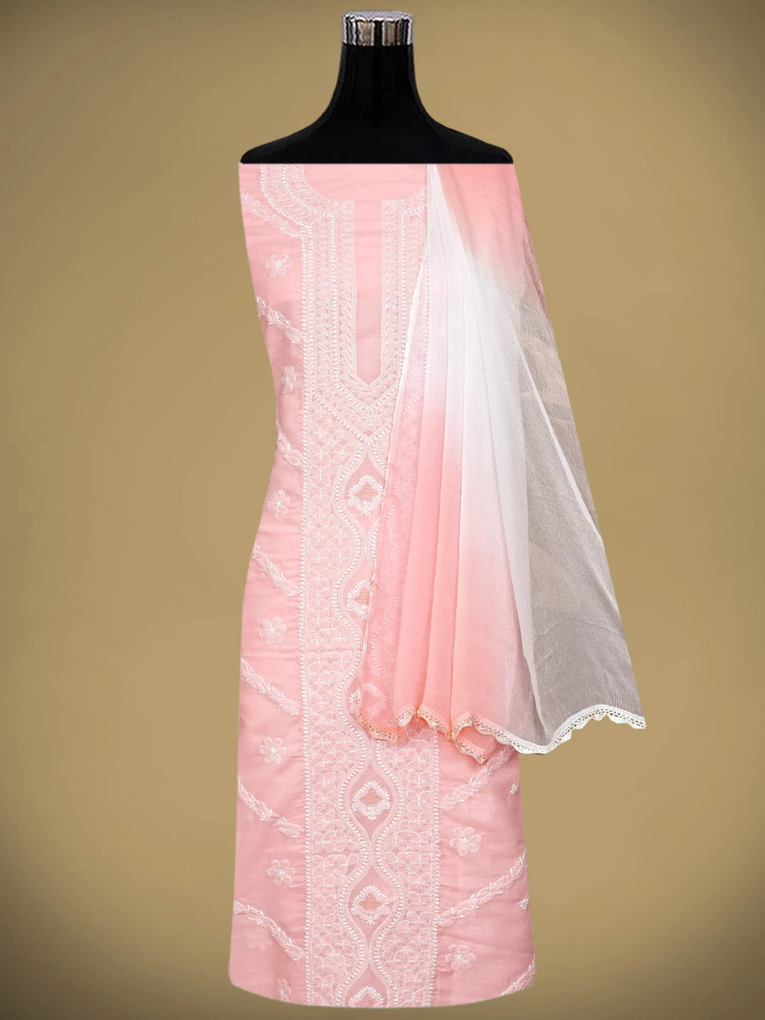 Ada Hand Embroidered Peach Pink Cotton Lucknowi Chikankari Unstitched Suit Piece 01A869352