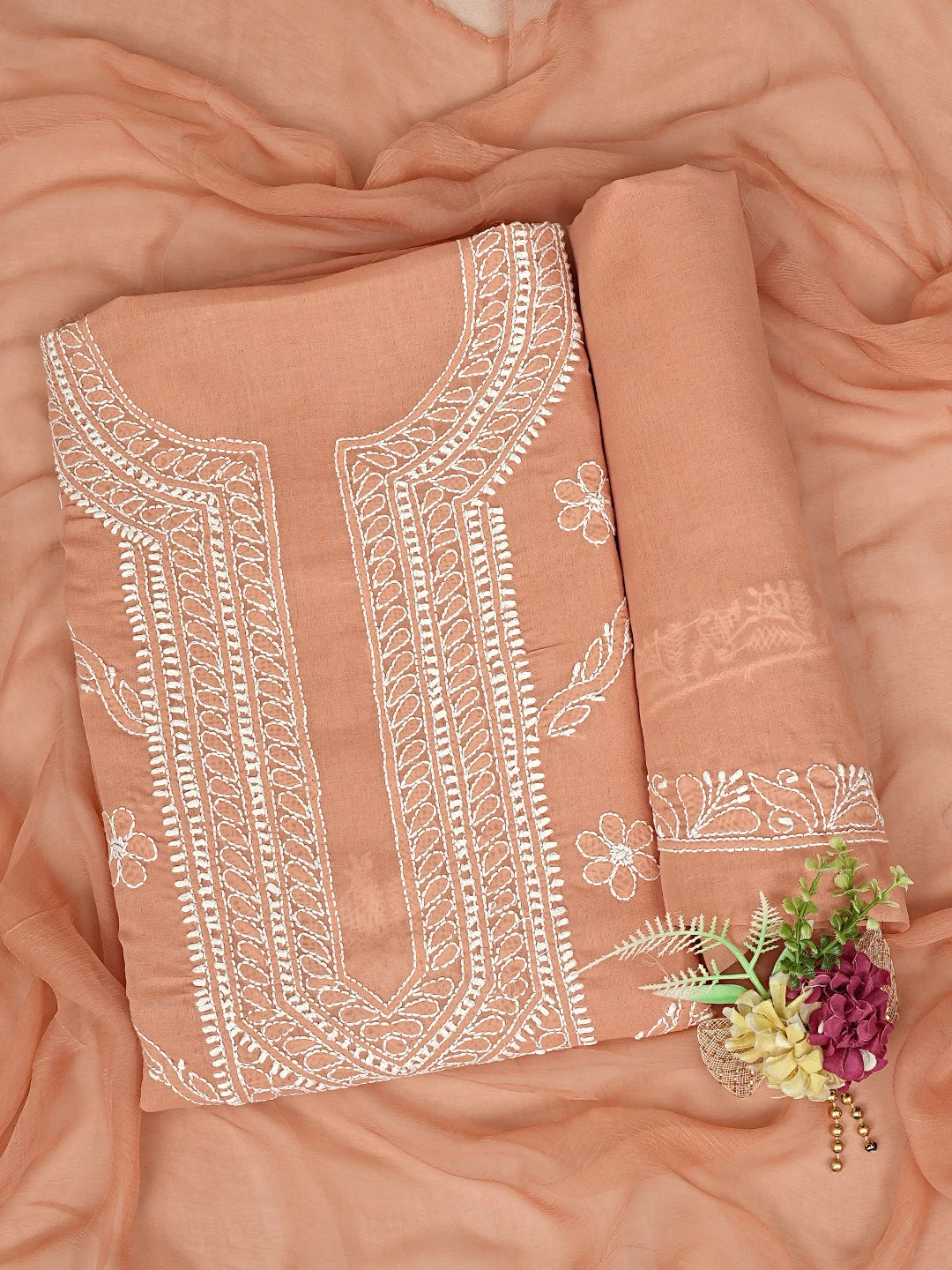 Ada Hand Embroidered Rust Cotton Lucknowi Chikankari Unstitched Suit Piece 01A869350