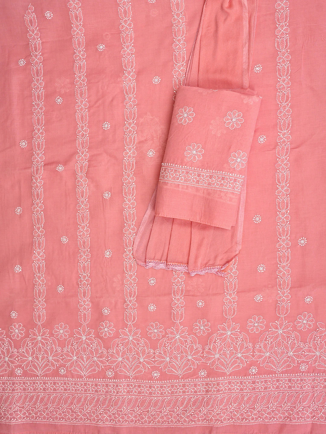 Ada Hand Embroidered Peach Cotton Lucknowi Chikankari Unstitched Suit Piece 01A881403