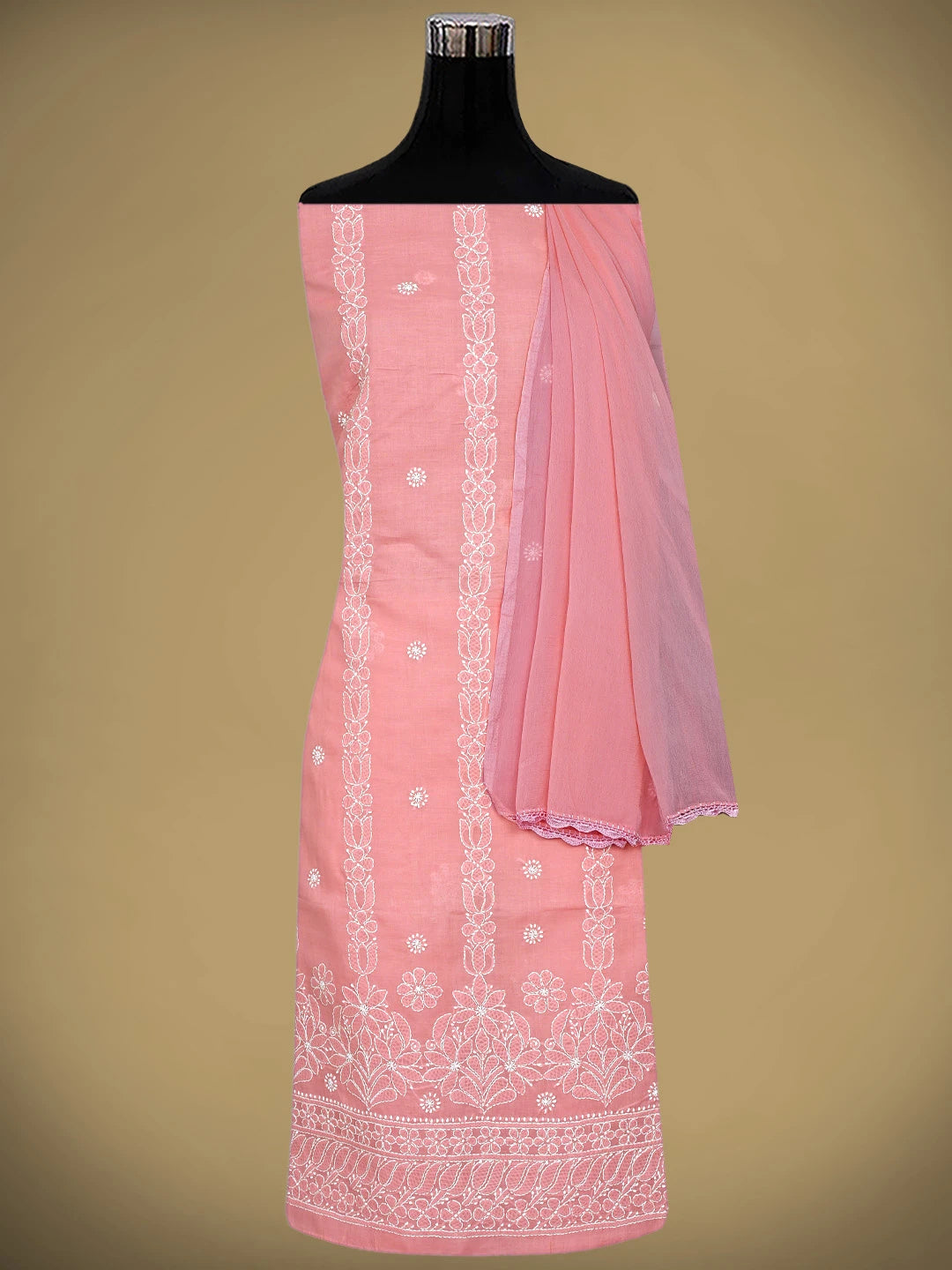 Ada Hand Embroidered Peach Cotton Lucknowi Chikankari Unstitched Suit Piece 01A881403