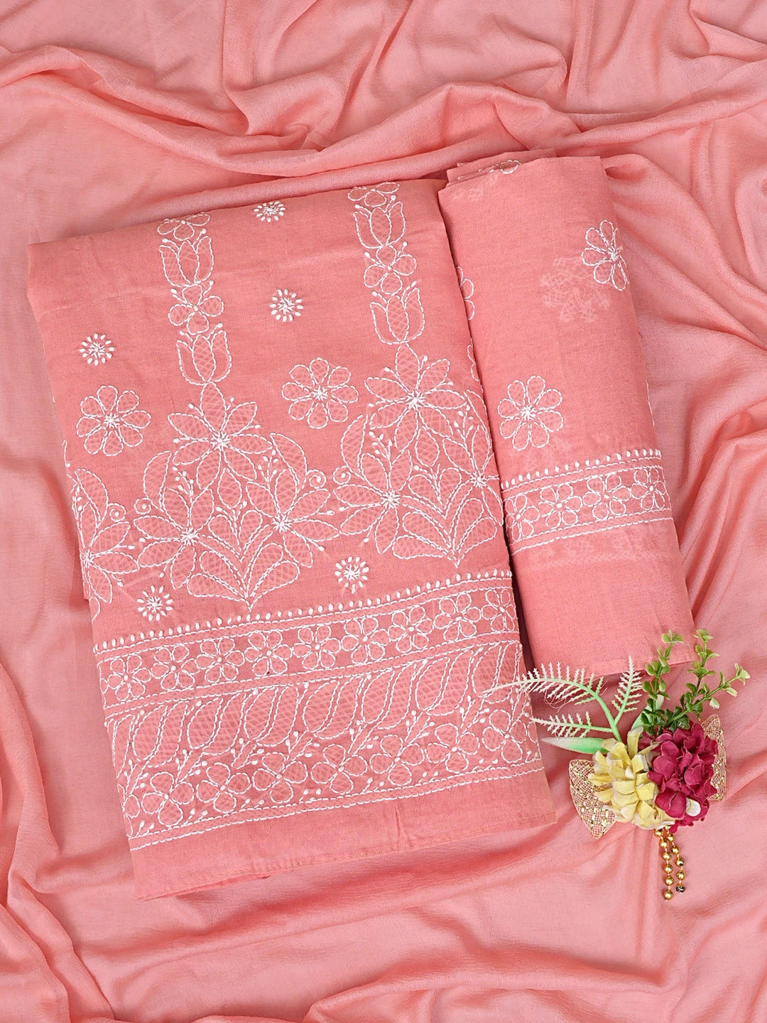 Ada Hand Embroidered Peach Cotton Lucknowi Chikankari Unstitched Suit Piece 01A881403