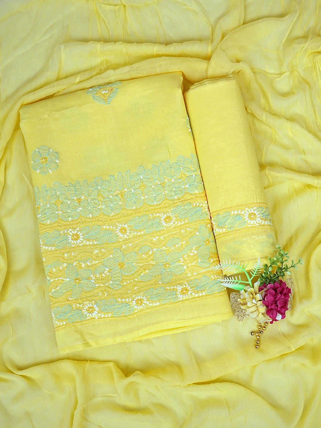 Ada Hand Embroidered Yellow Cotton Lucknowi Chikankari Unstitched Suit Piece 01A879361