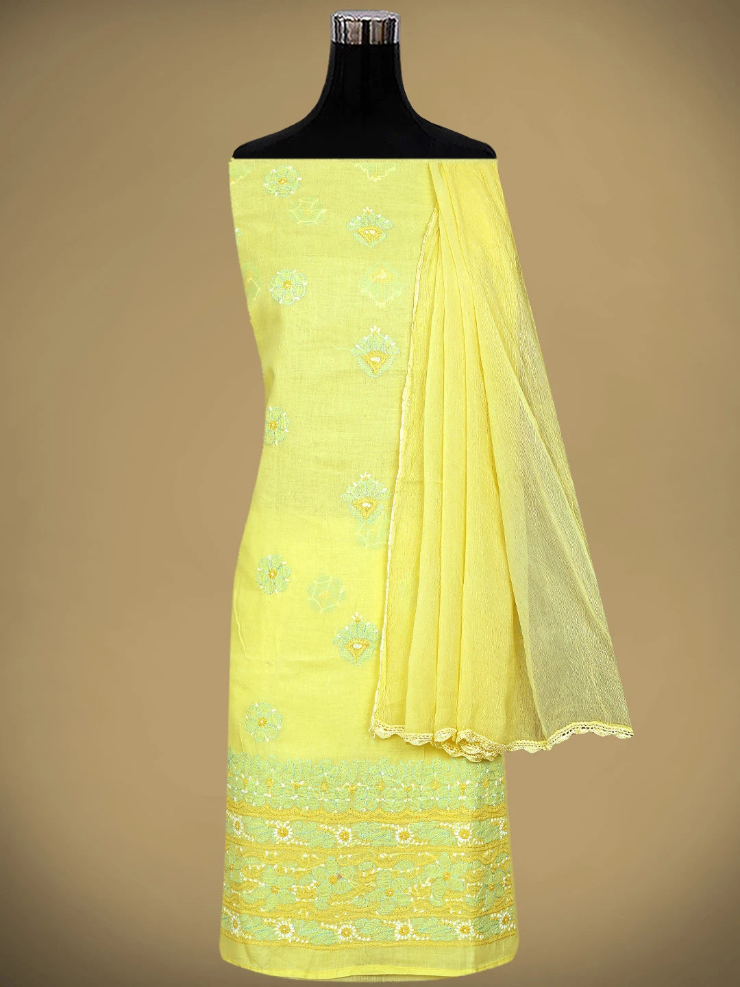 Ada Hand Embroidered Yellow Cotton Lucknowi Chikankari Unstitched Suit Piece 01A879361