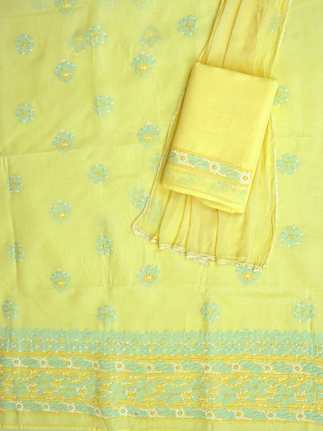 Ada Hand Embroidered Yellow Cotton Lucknowi Chikankari Unstitched Suit Piece 01A879361