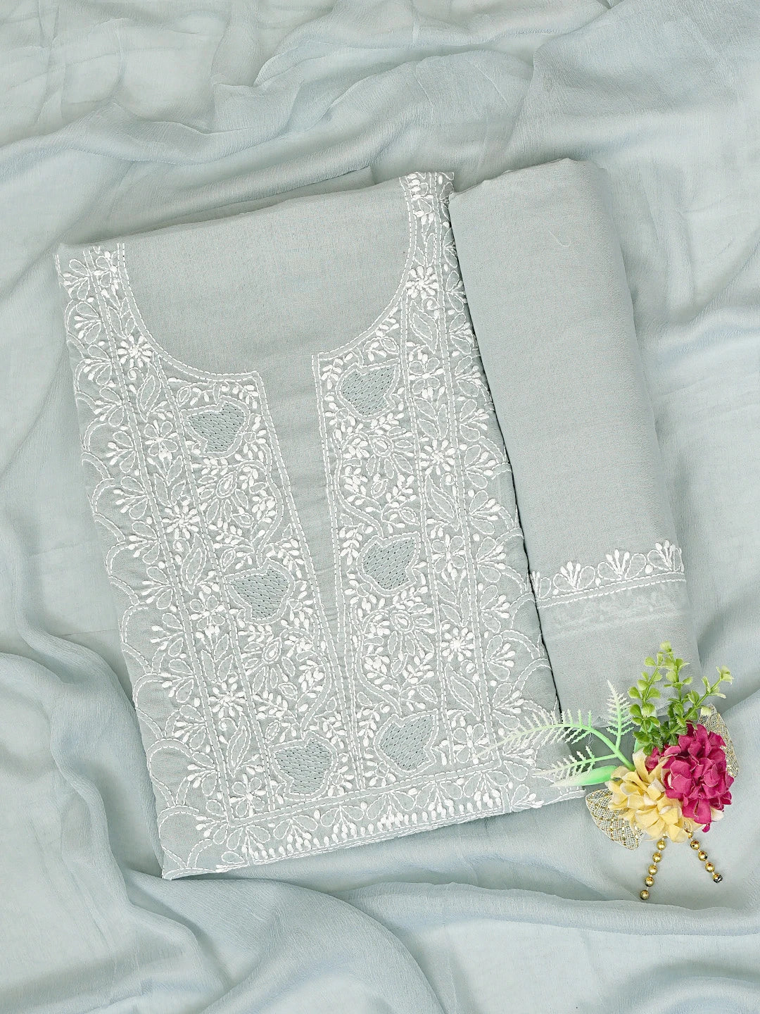 Ada Hand Embroidered Grey Cotton Lucknowi Chikankari Unstitched Suit Piece 01A869324