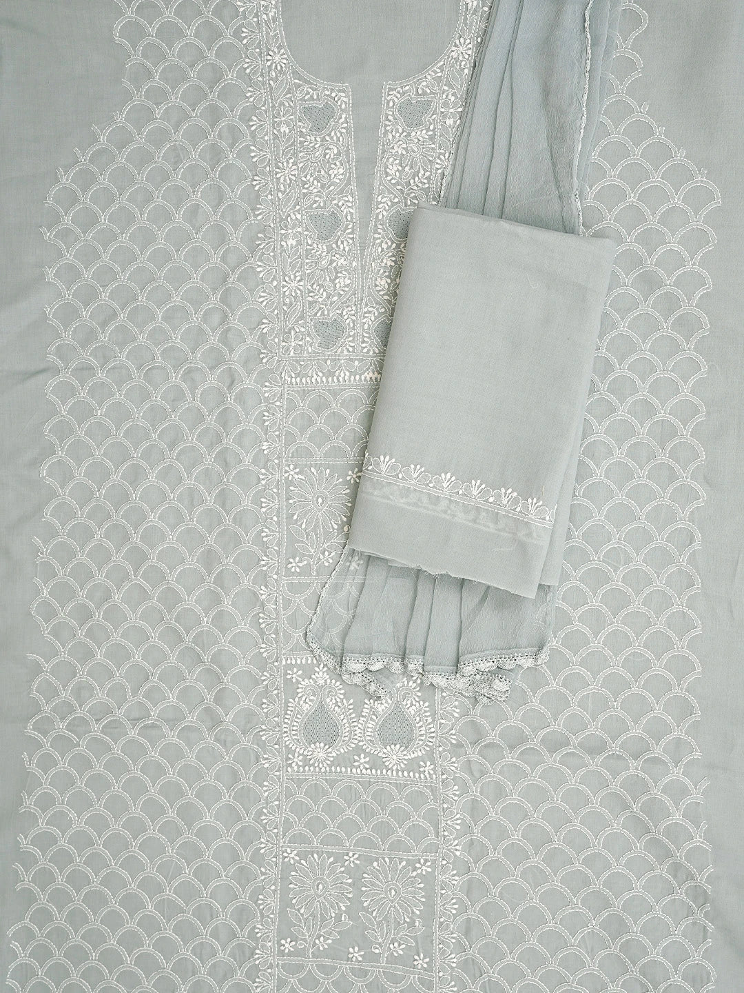 Ada Hand Embroidered Grey Cotton Lucknowi Chikankari Unstitched Suit Piece 01A869324