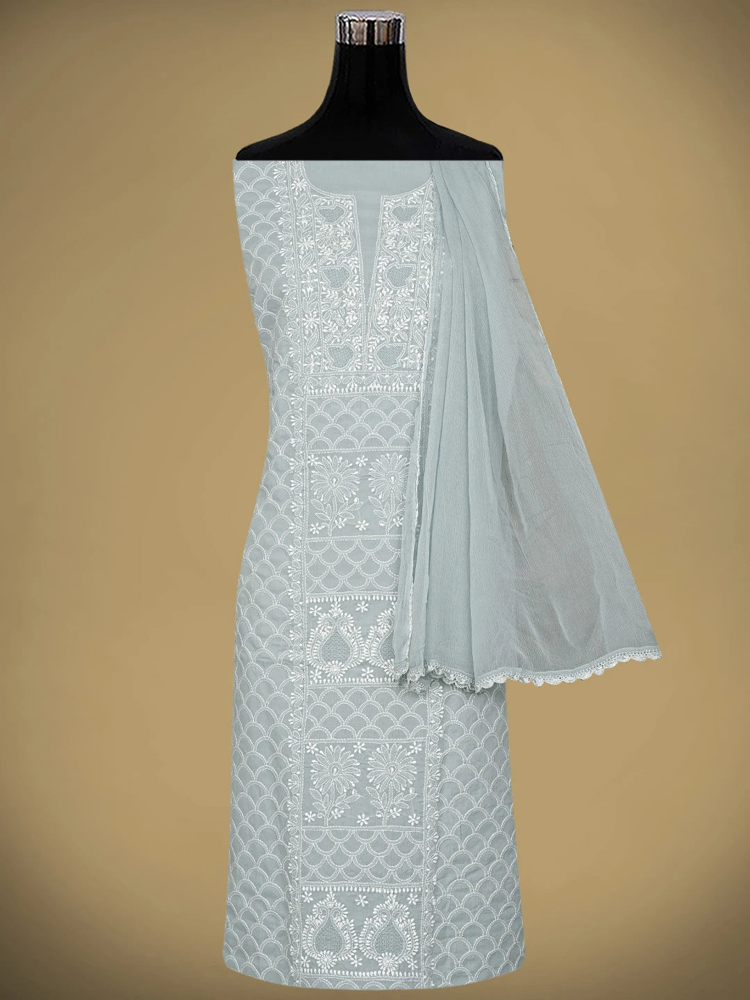 Ada Hand Embroidered Grey Cotton Lucknowi Chikankari Unstitched Suit Piece 01A869324
