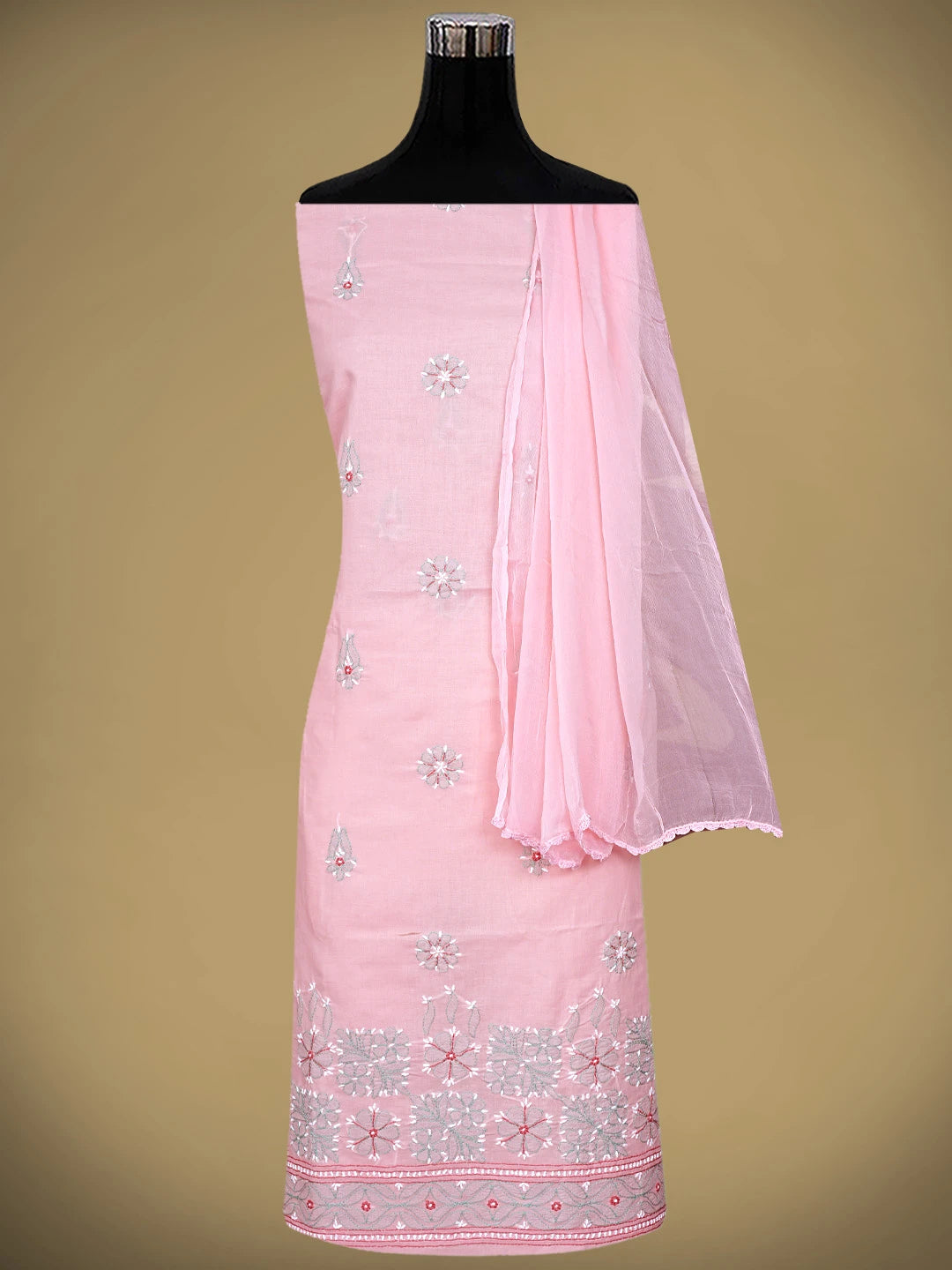 Ada Hand Embroidered Peach Cotton Lucknowi Chikankari Unstitched Suit Piece 01A882422