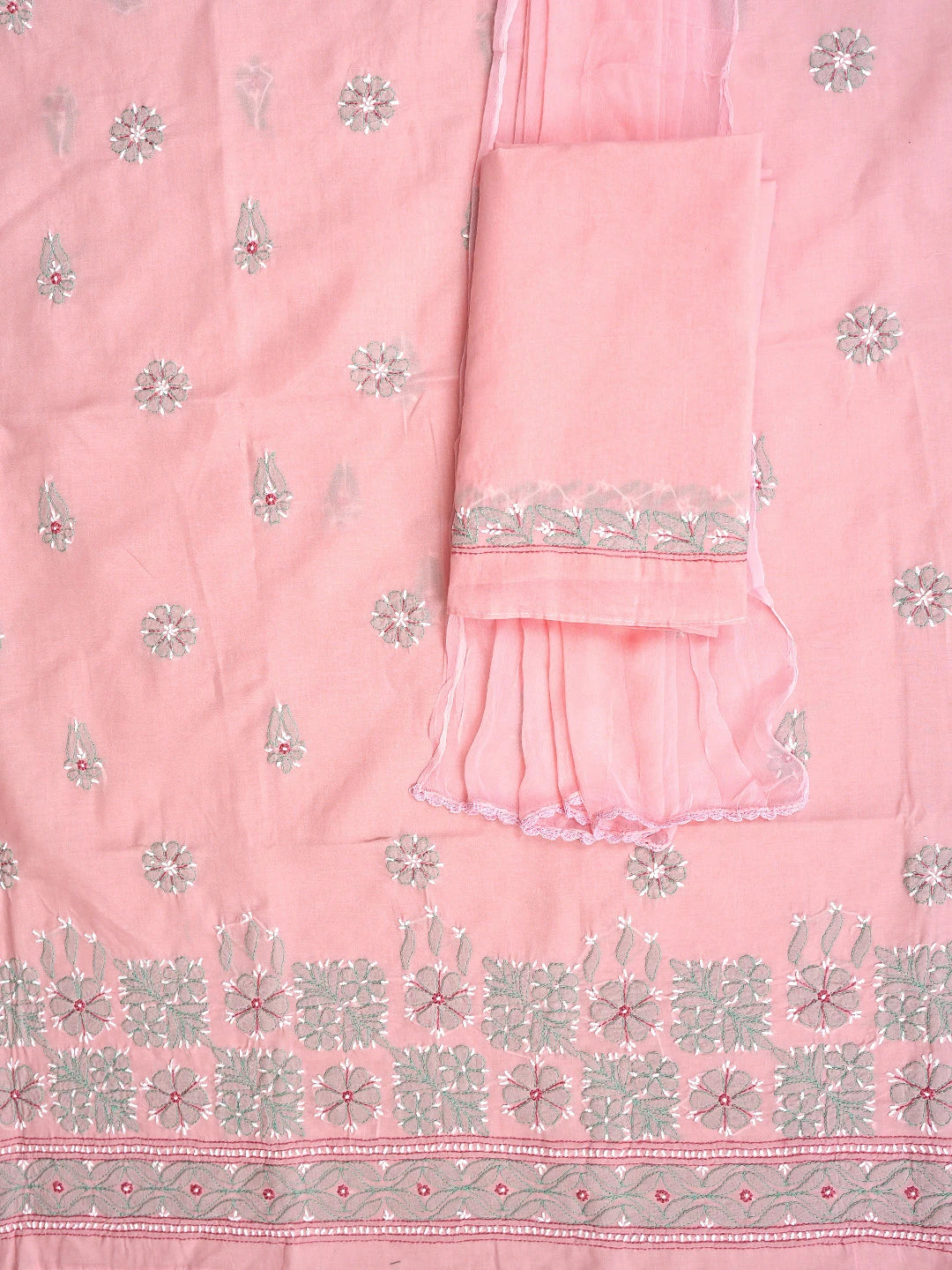 Ada Hand Embroidered Peach Cotton Lucknowi Chikankari Unstitched Suit Piece 01A882422